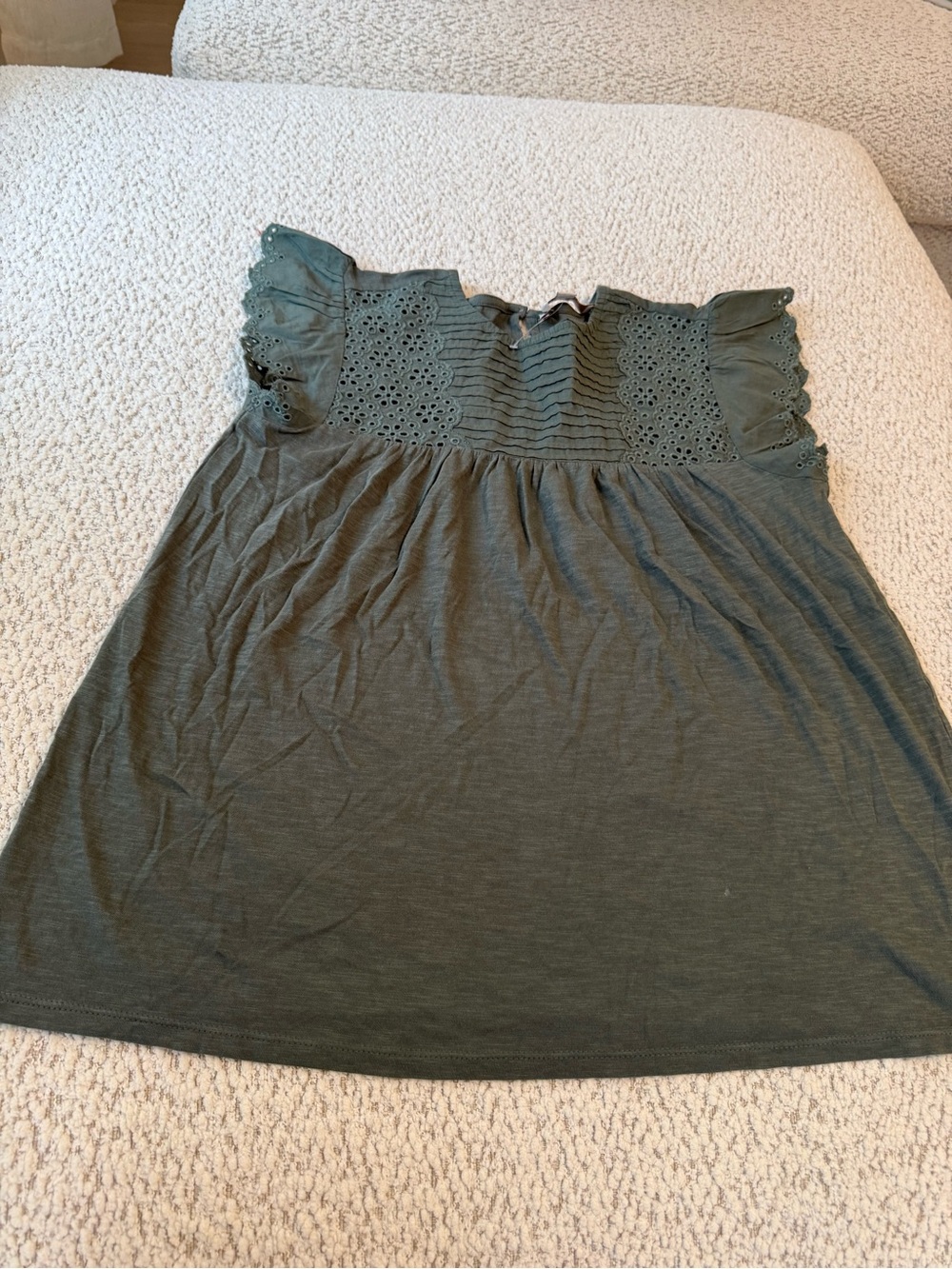 LOFT Olive Eyelet Yoke Ruffle Sleeve Tunic Top